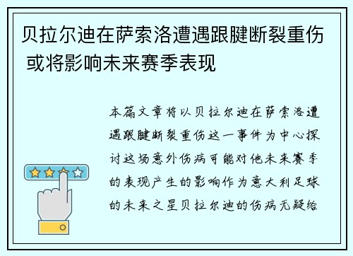 贝拉尔迪在萨索洛遭遇跟腱断裂重伤 或将影响未来赛季表现